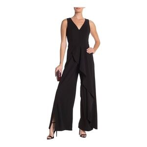 MARINA V-Neck Sleeveless Zipper Back Racer Back Ruffled Hem Crepe Jumpsuit-navy